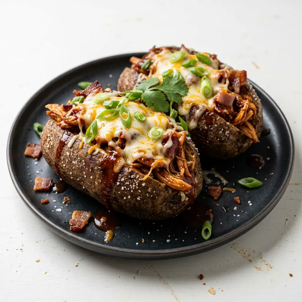 Two BBQ chicken baked potatoes with melted cheese on a dark plate