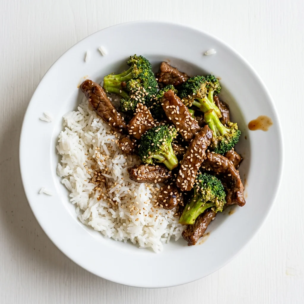 Beef and broccoli stir fry over white rice in a white bowl with sesame seeds