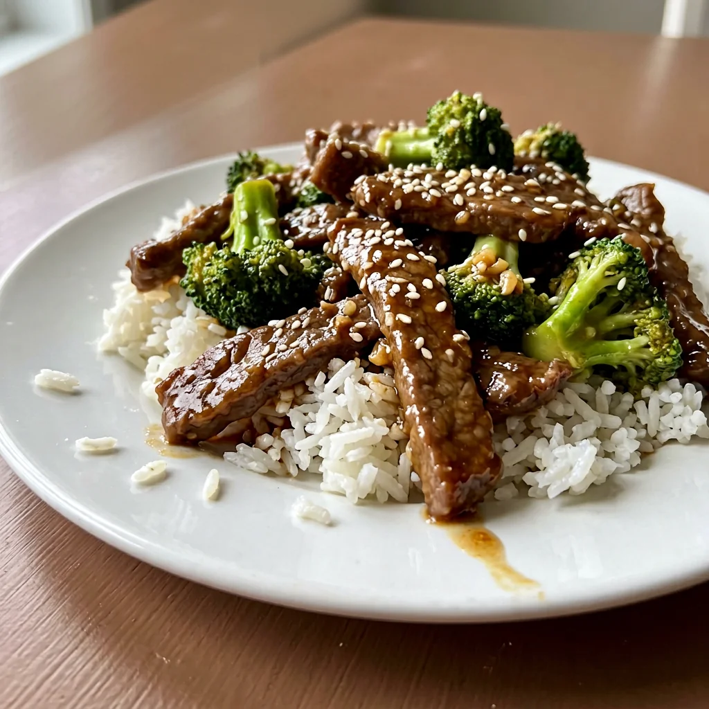 Beef and broccoli stir fry with glossy garlic sauce served over rice on a white plate