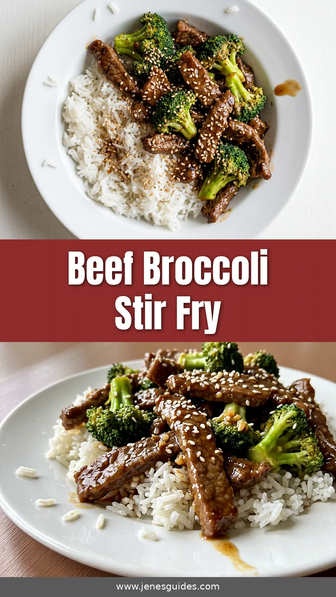 Beef Broccoli Stir Fry recipe Pinterest pin from jenesguides.com