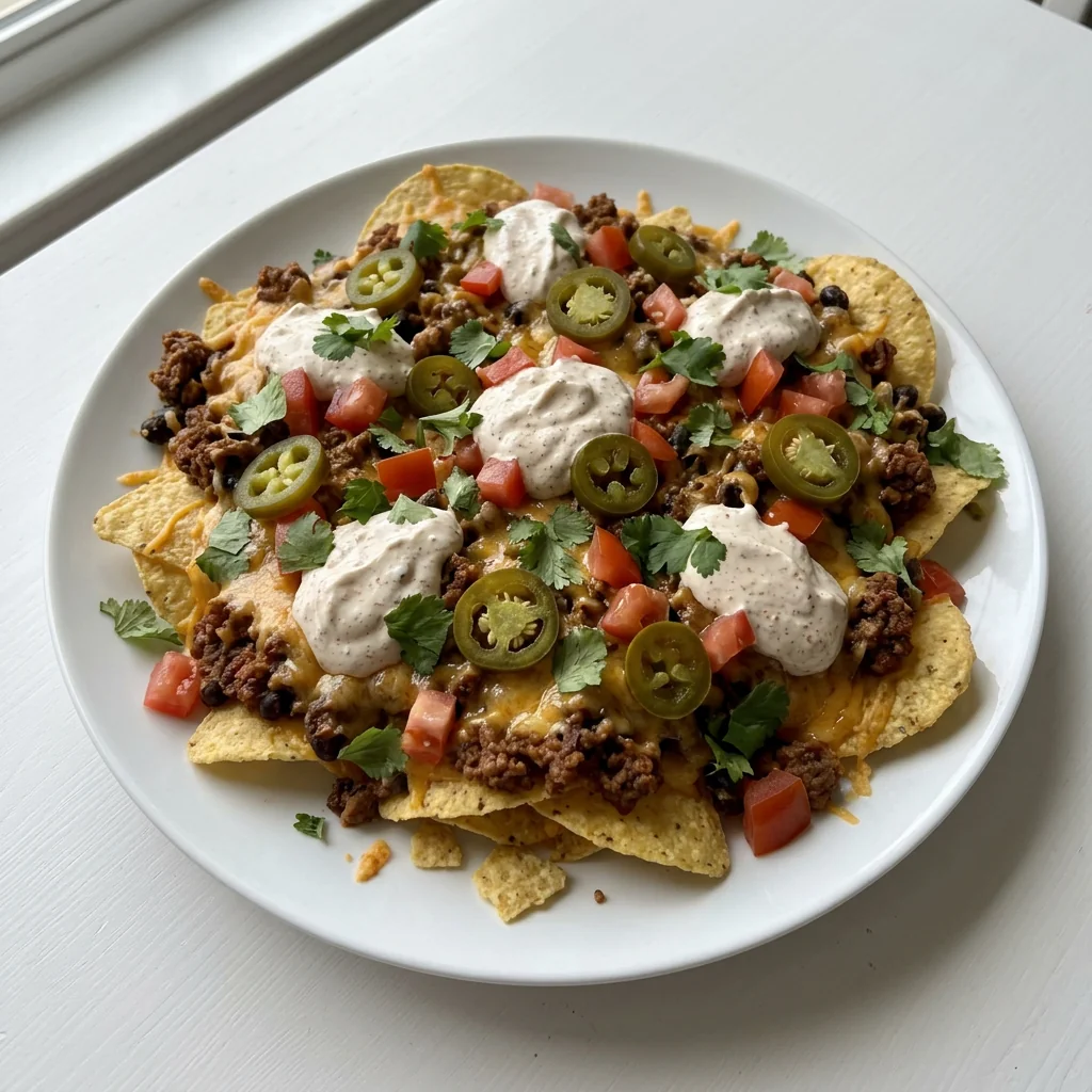 Loaded beef nachos with melted cheese, jalapeños, tomatoes, sour cream and cilantro on a white plate