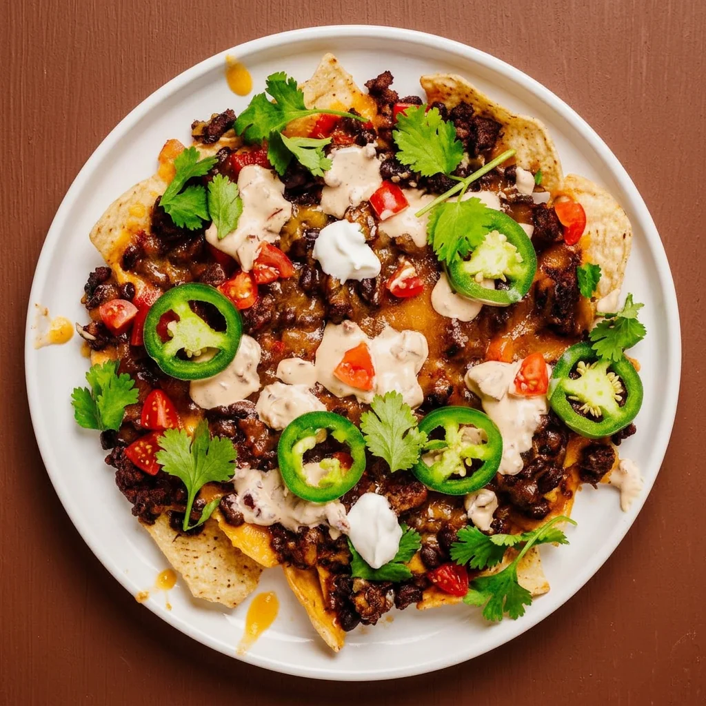 Overhead view of loaded beef nachos with ground beef and melted cheese sauce on a white plate