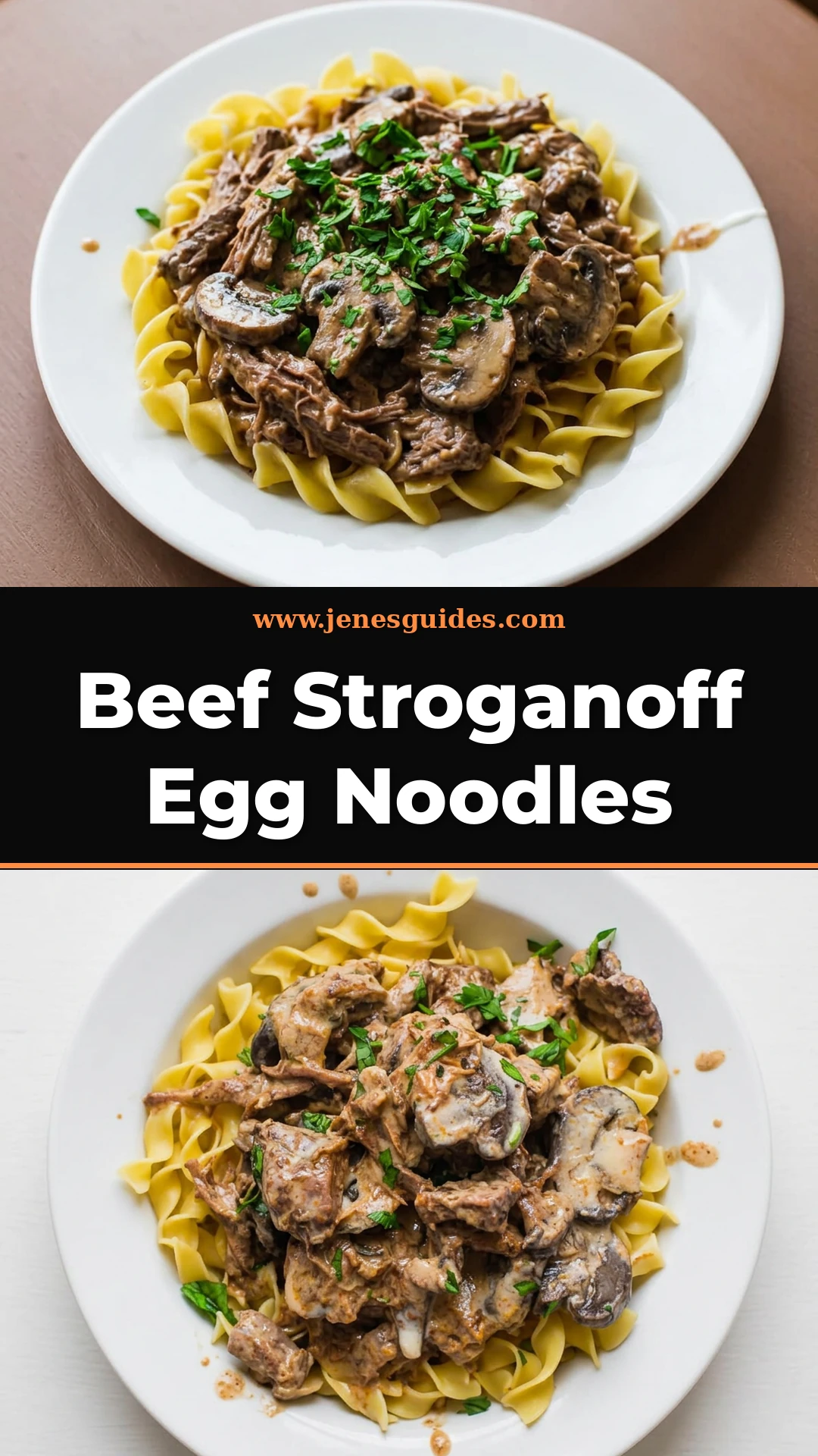 Beef Stroganoff Egg Noodles recipe Pinterest pin from jenesguides.com
