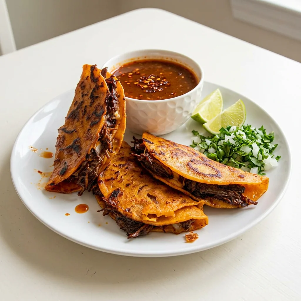Birria tacos with melted cheese and a bowl of birria consome on a white plate