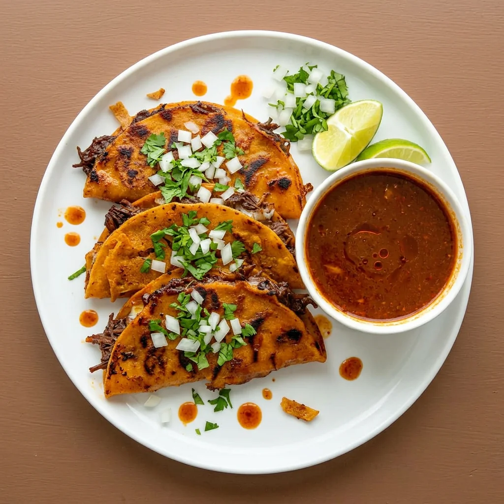 Overhead view of birria tacos with consome, lime, onion and cilantro