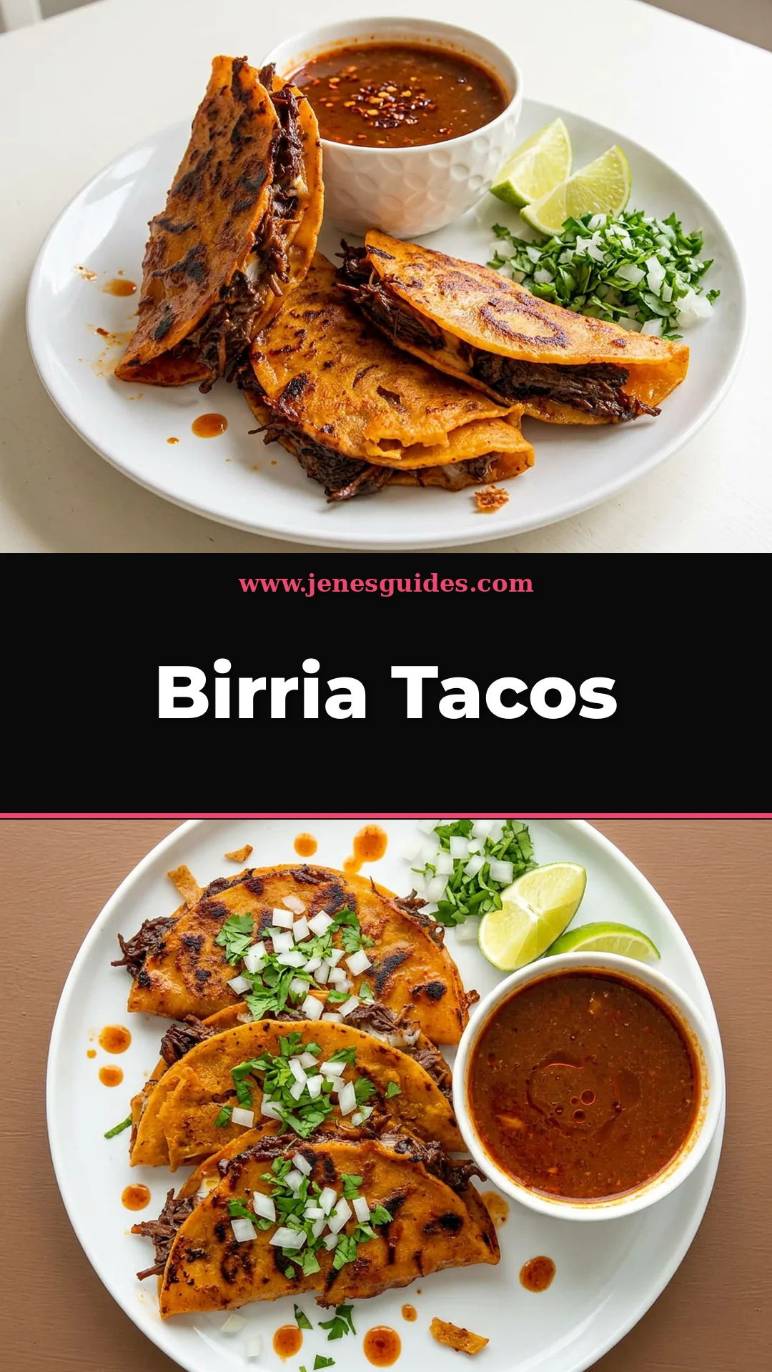 Birria Tacos recipe Pinterest pin from jenesguides.com