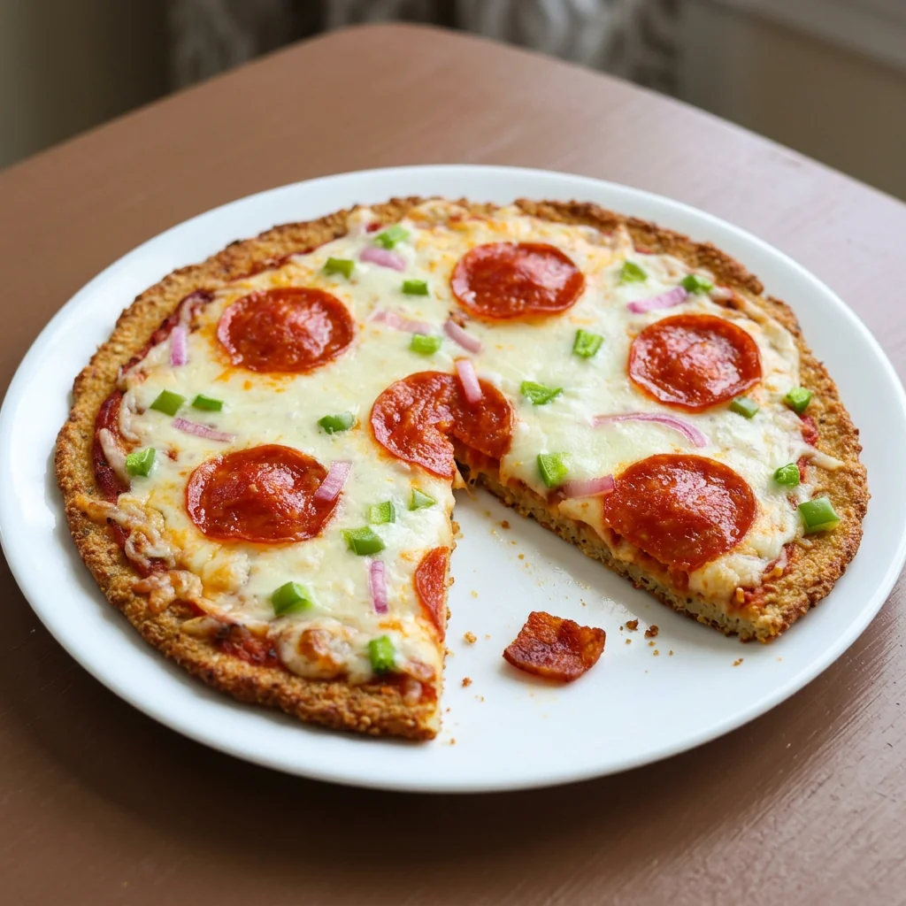 Cauliflower crust pizza with pepperoni, mozzarella, peppers and red onion on a white plate