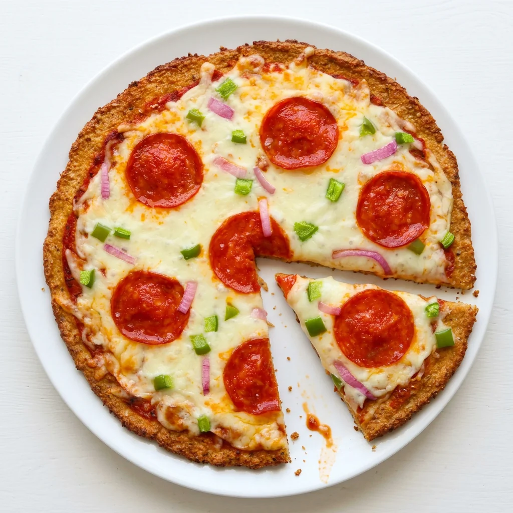 Overhead view of cauliflower crust pizza with a slice cut out on a white plate