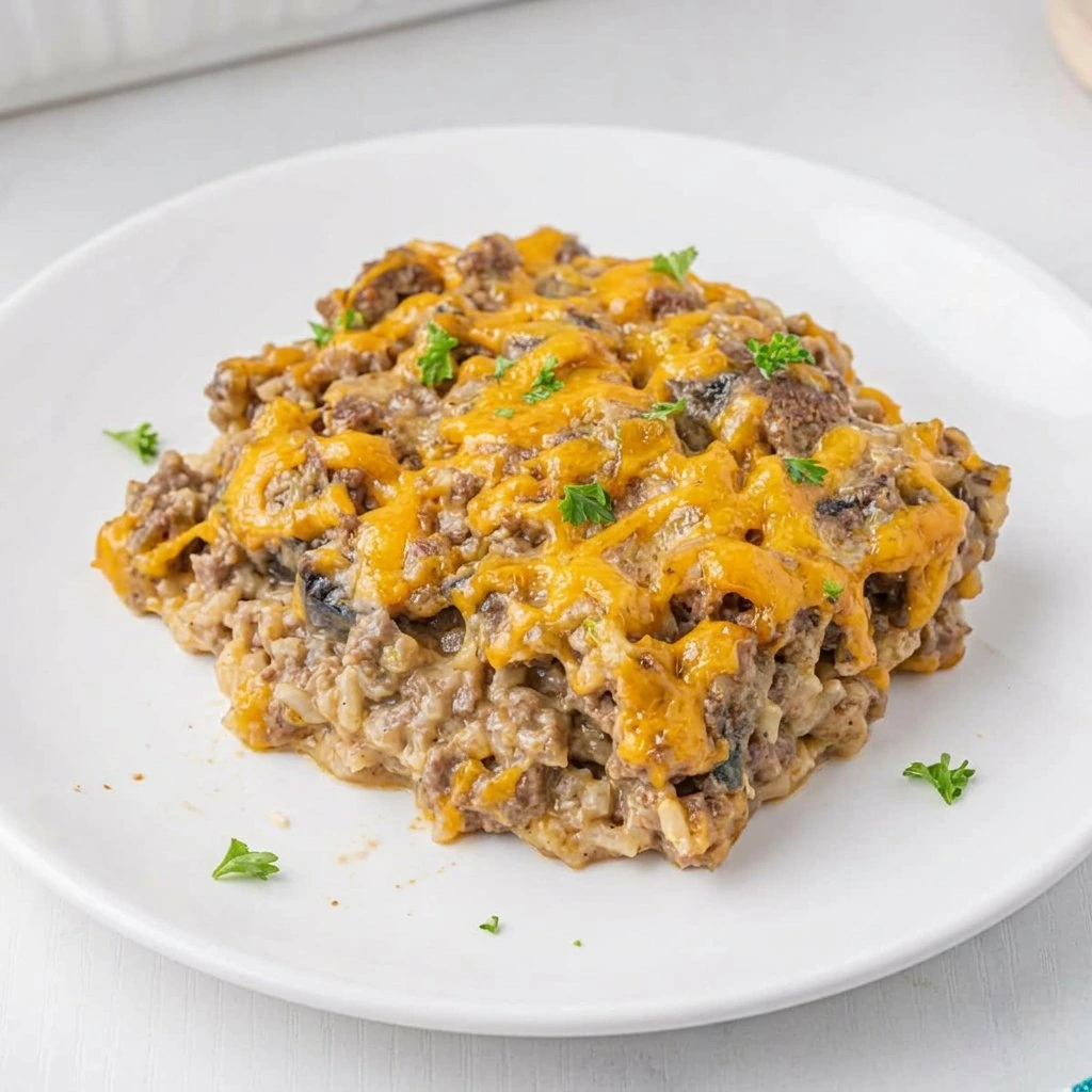 Cheesy Ground Beef and Rice Casserole served on a plate, close up.