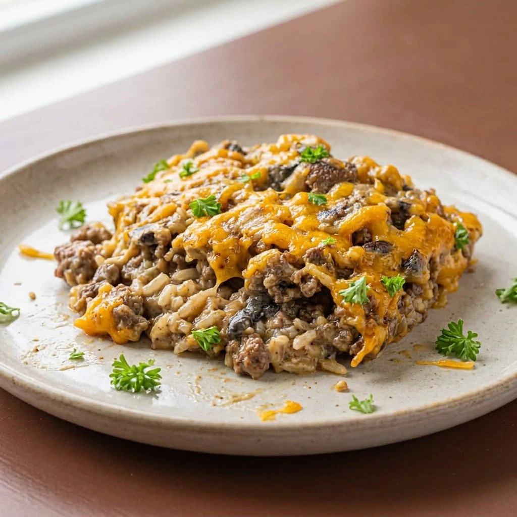 Close up of Cheesy Ground Beef and Rice Casserole on a plate, home kitchen.