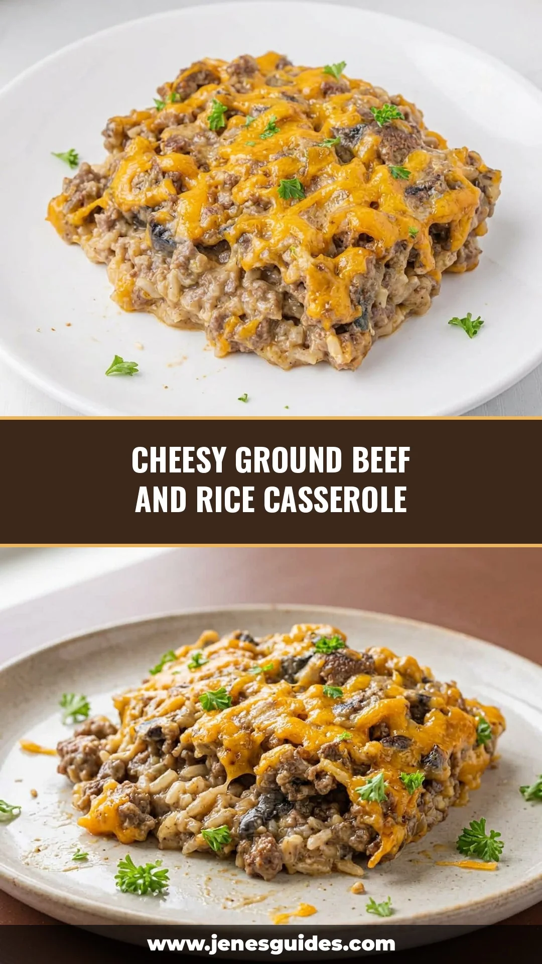 Cheesy Ground Beef and Rice Casserole Pinterest pin with two recipe photos and www.jenesguides.com.