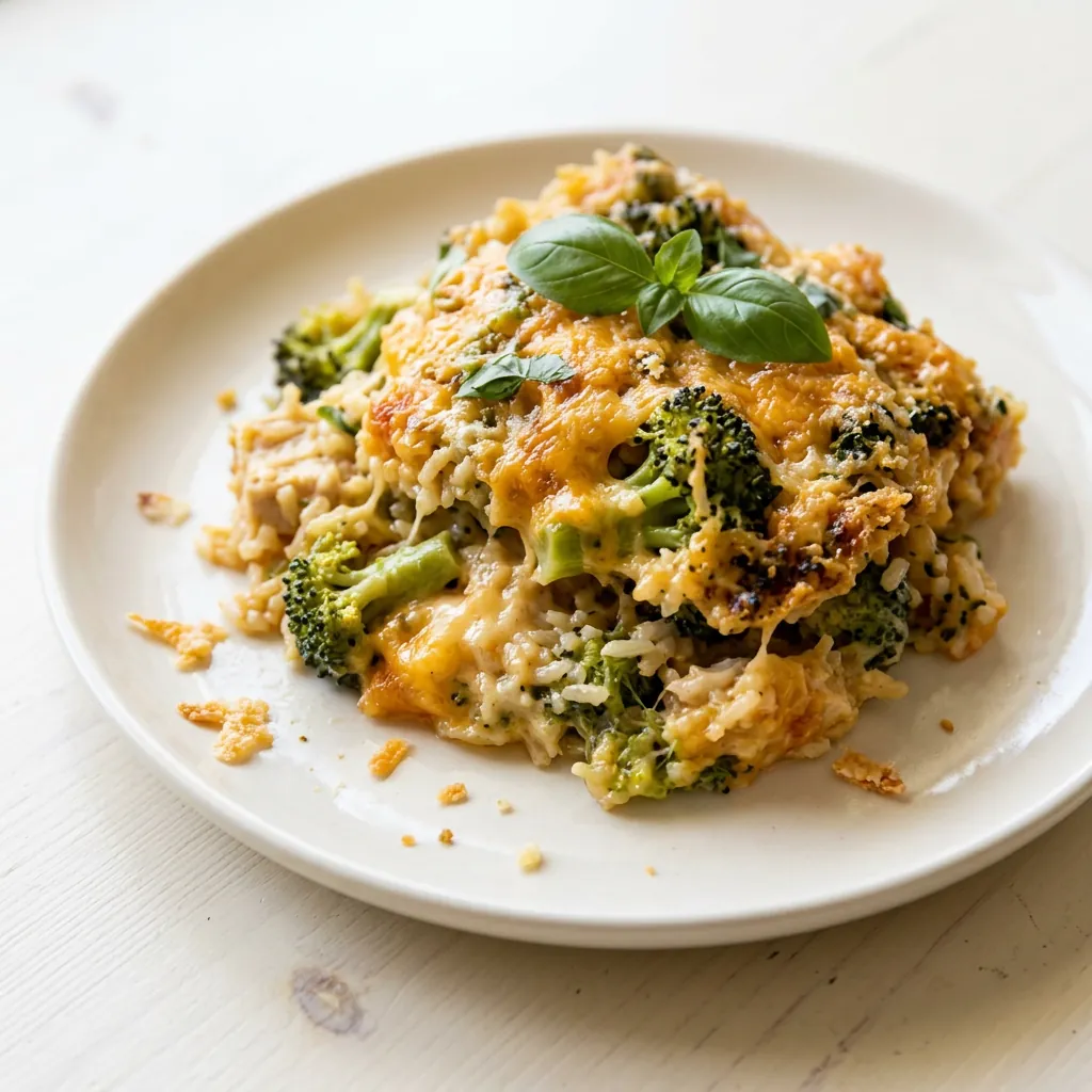 Hearty chicken broccoli cheddar bake with rice on a white plate