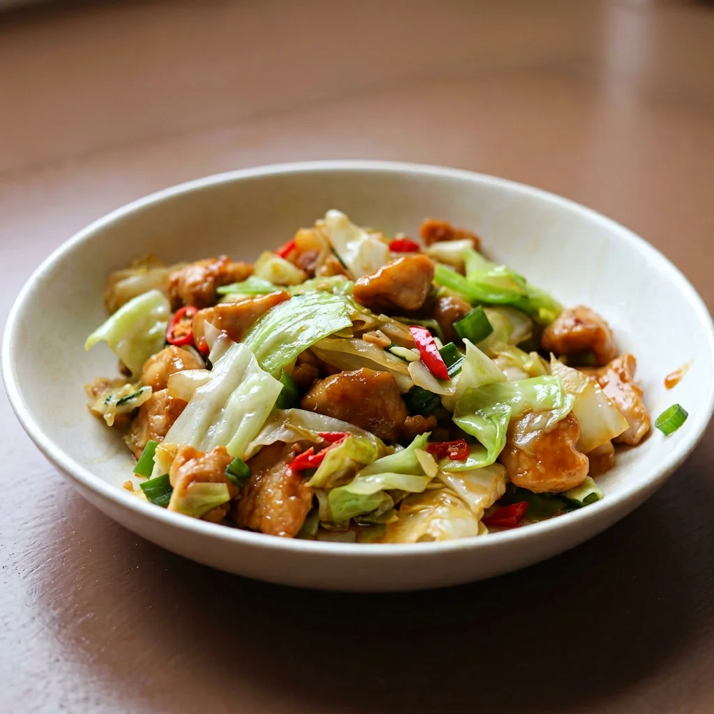 Chicken cabbage stir fry in glossy soy ginger sauce with chili and sesame in a white bowl
