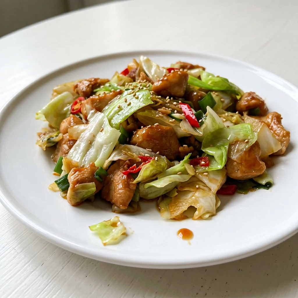 Chicken cabbage stir fry served on a white plate with green cabbage and sesame seeds