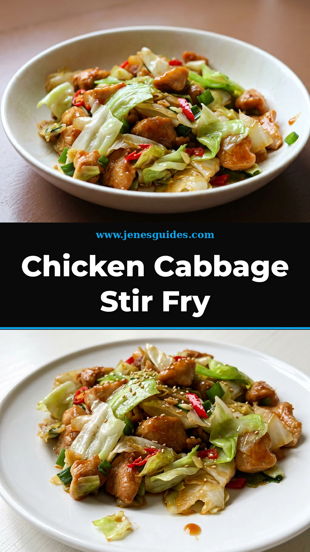 Chicken Cabbage Stir Fry recipe Pinterest pin from jenesguides.com
