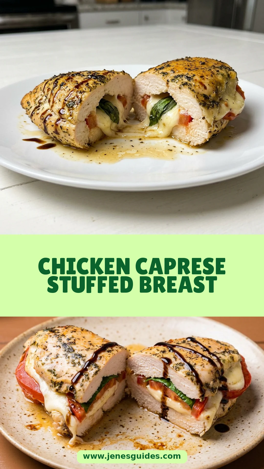 Chicken Caprese Stuffed Breast Pinterest pin   www.jenesguides.com