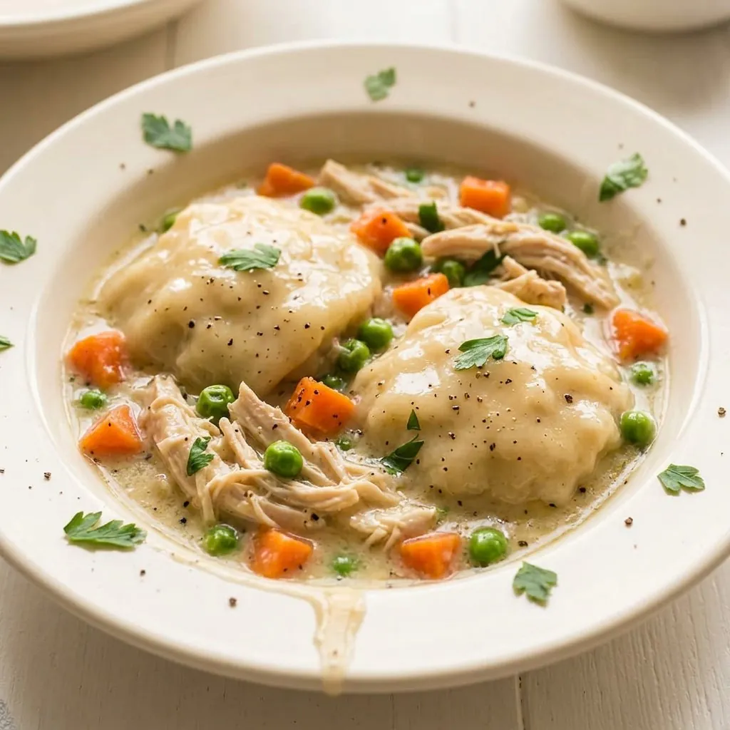 Crockpot chicken and dumplings with soft dumplings in creamy broth
