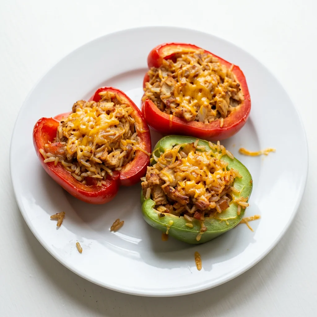 Chicken fajita stuffed peppers with rice and melted cheddar on a white plate