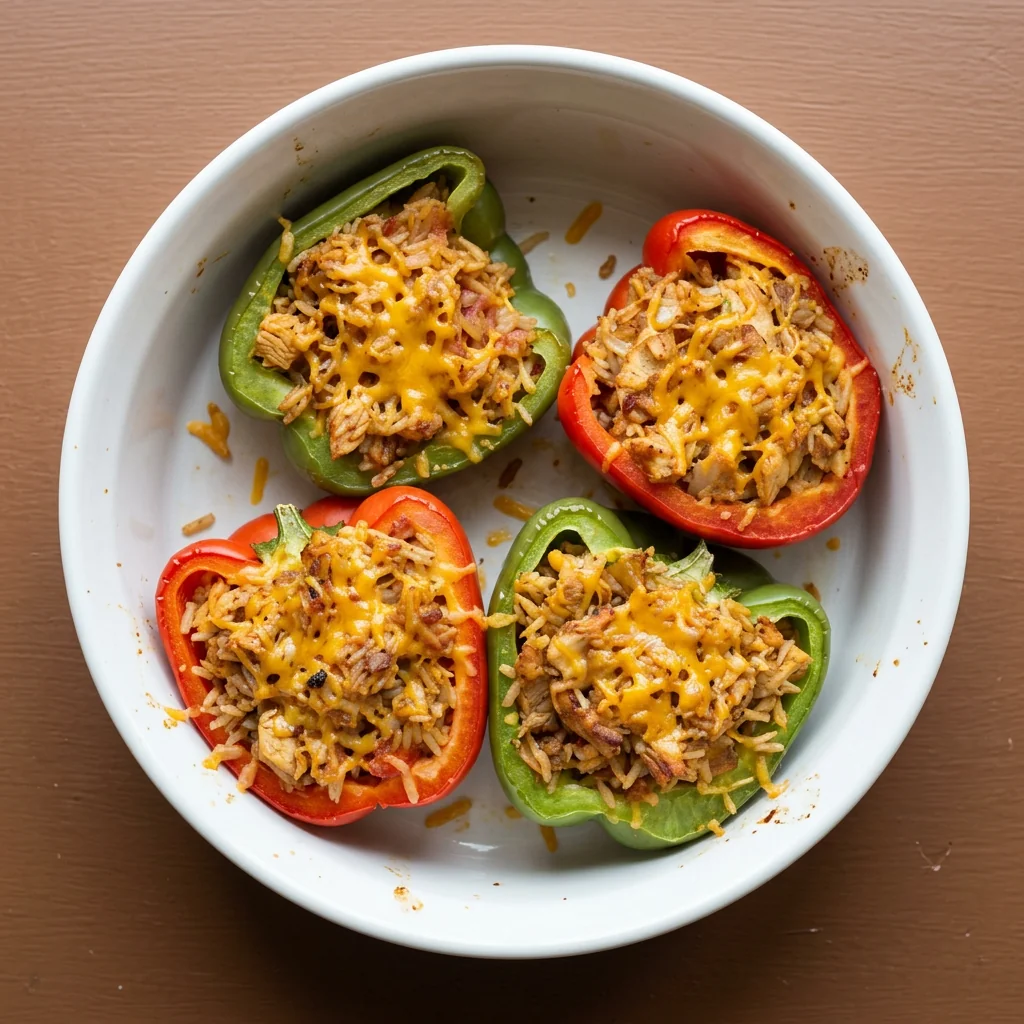 Overhead view of chicken fajita stuffed pepper halves in a white baking dish