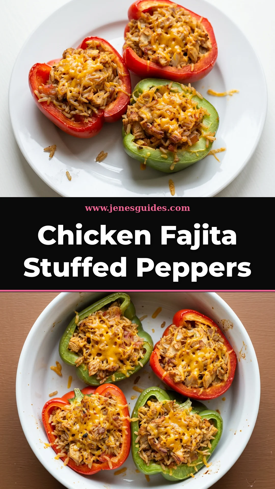Chicken Fajita Stuffed Peppers recipe Pinterest pin from jenesguides.com