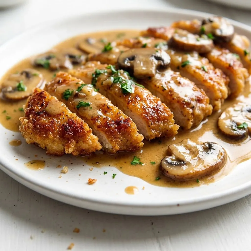 Golden chicken marsala cutlets in glossy mushroom wine sauce with parsley