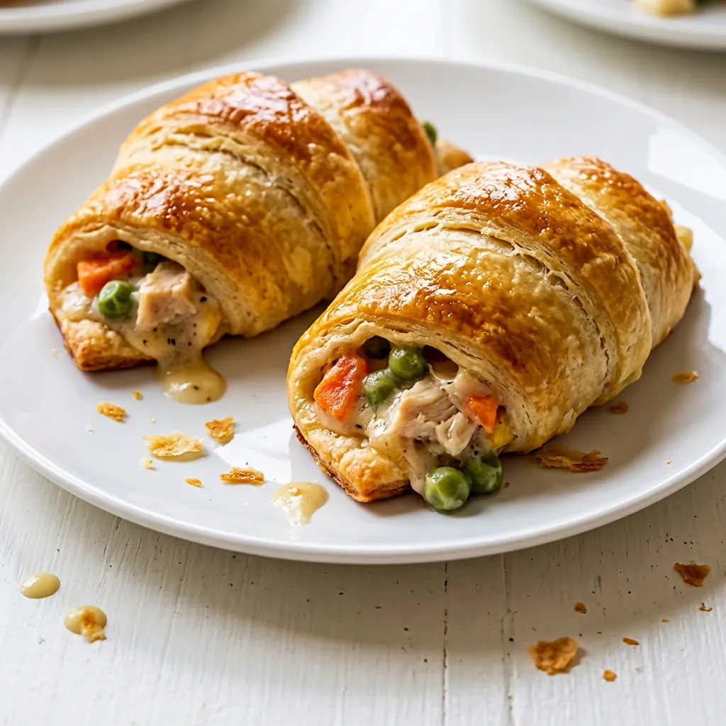 Golden chicken pot pie crescent rolls on a white plate