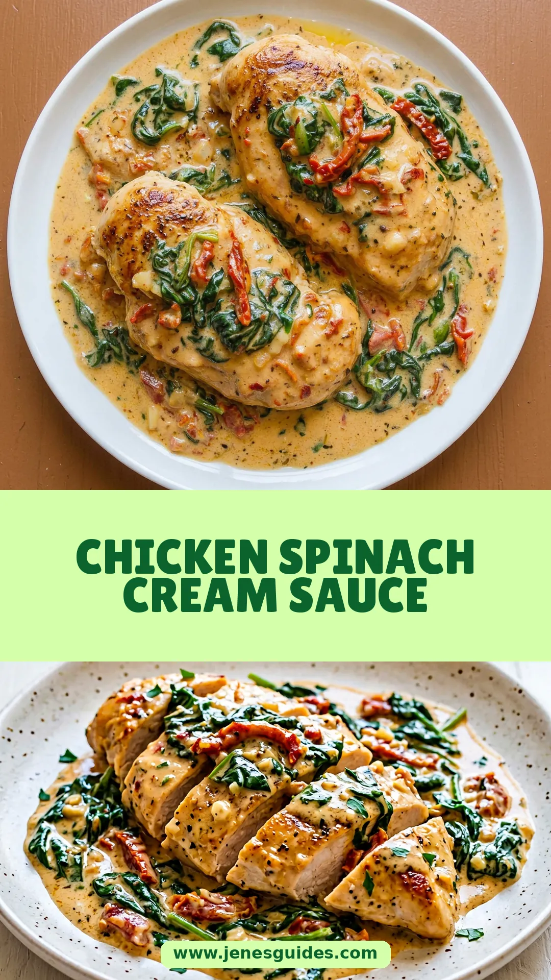 Chicken Spinach Cream Sauce Pinterest pin   www.jenesguides.com