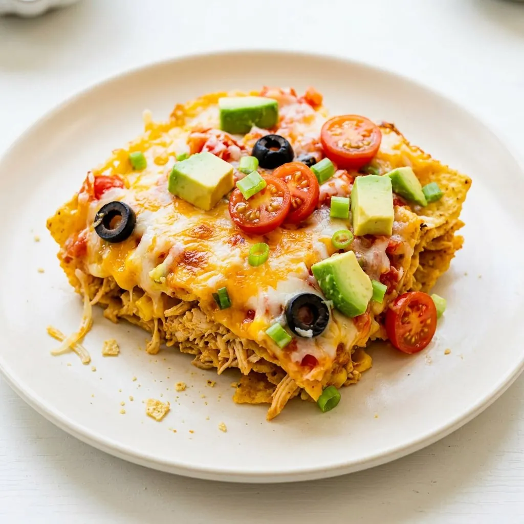 Baked chicken taco casserole scoop with tortilla chips, shredded chicken and melted cheddar
