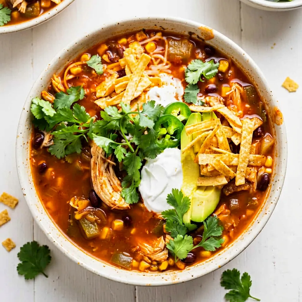 Slow cooker chicken tortilla soup topped with chips, cheese, avocado and cilantro