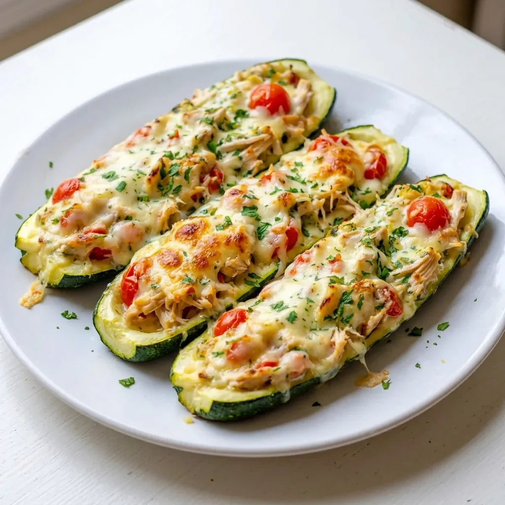 Baked chicken zucchini boats topped with melted mozzarella and parsley on a white plate