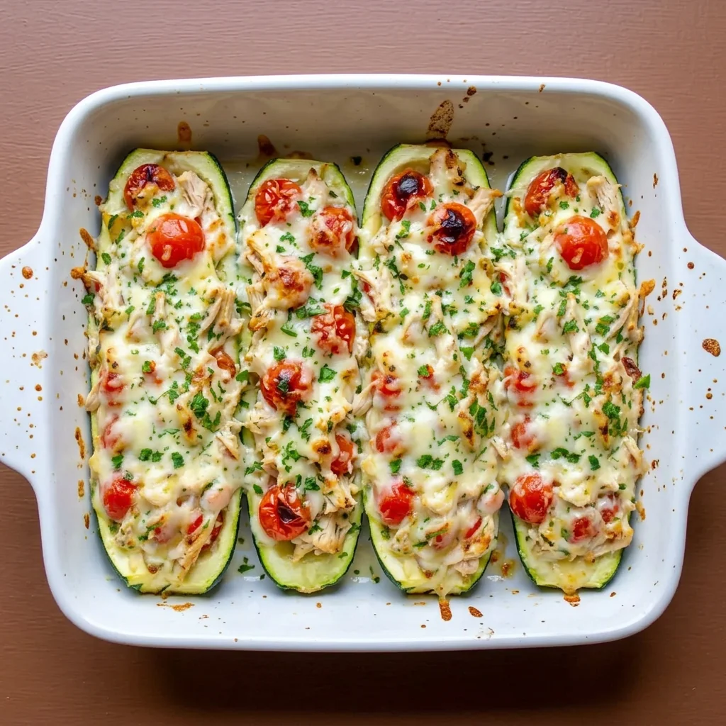 Overhead view of chicken zucchini boats in a white baking dish with golden melted cheese