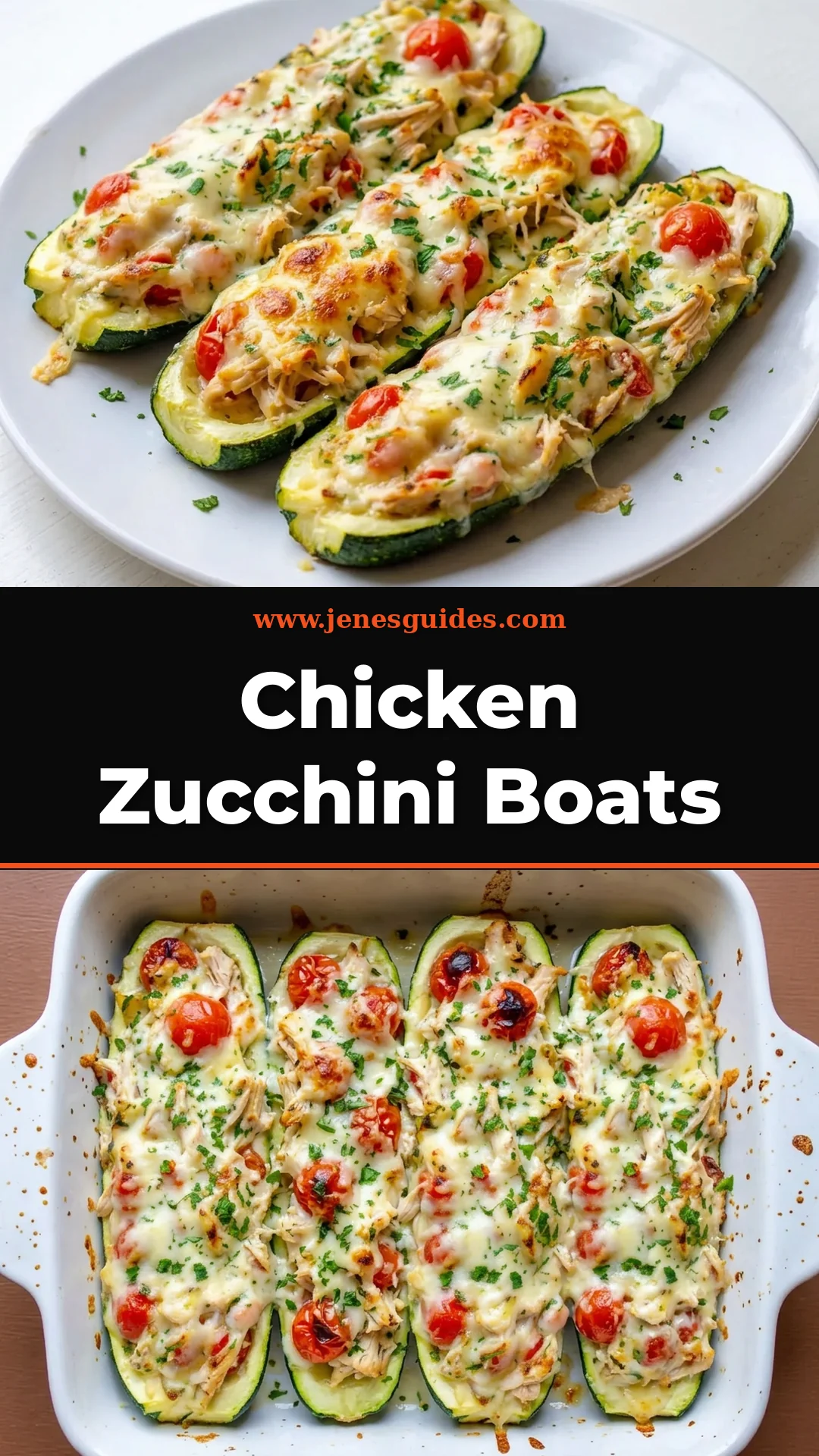 Chicken Zucchini Boats recipe Pinterest pin from jenesguides.com