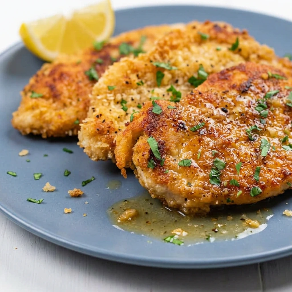 Close-up of golden lemon pepper chicken cutlets with parsley and lemon butter sauce on a blue plate.
