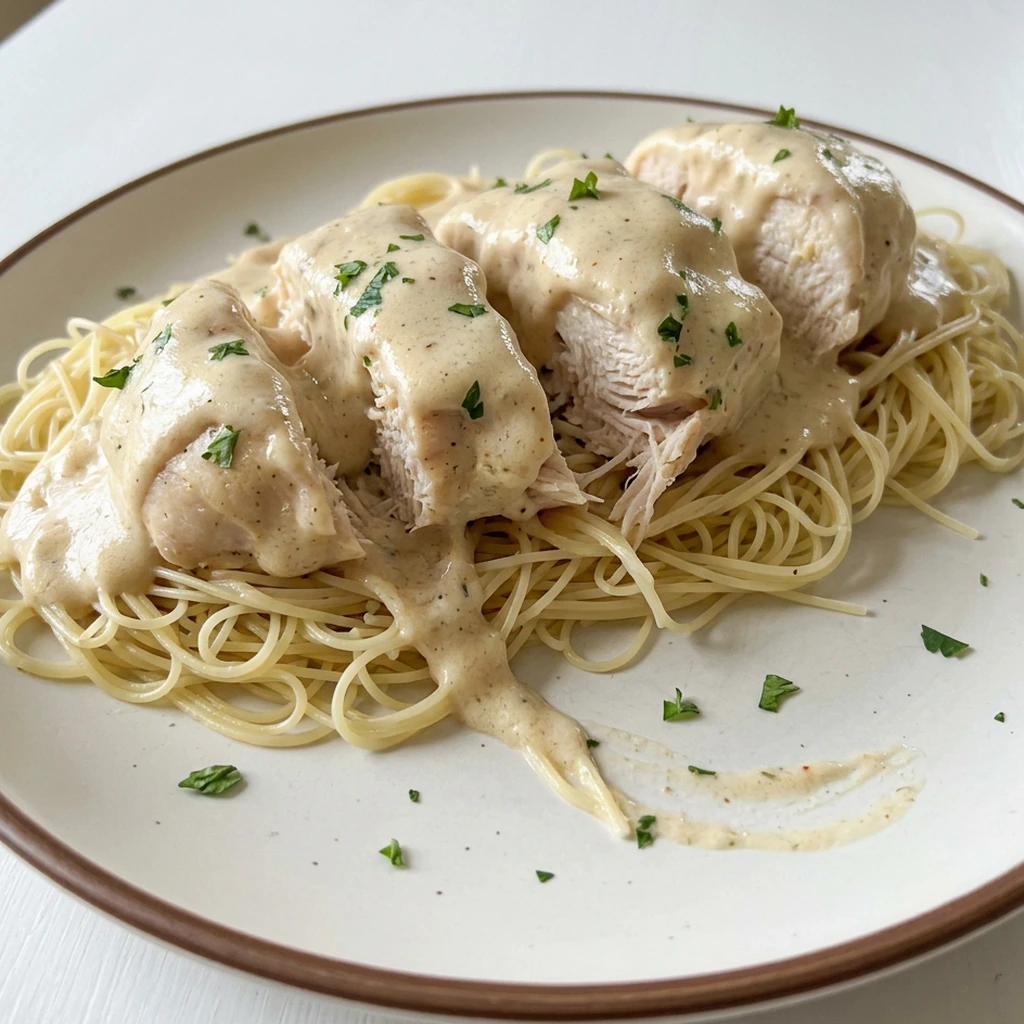 Tender slow-cooked angel chicken with cream sauce and parsley over angel hair pasta.