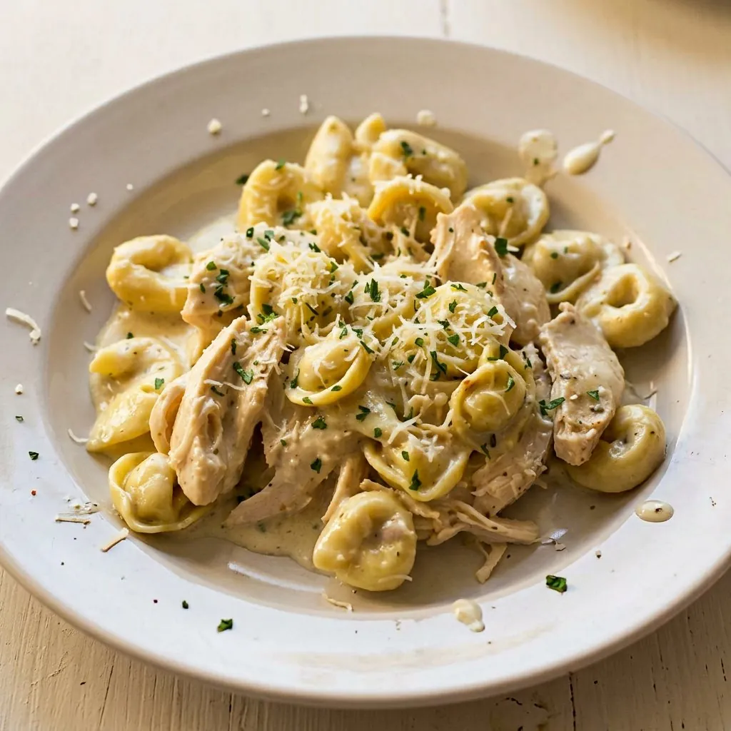Cheesy chicken alfredo tortellini with parmesan on a plate