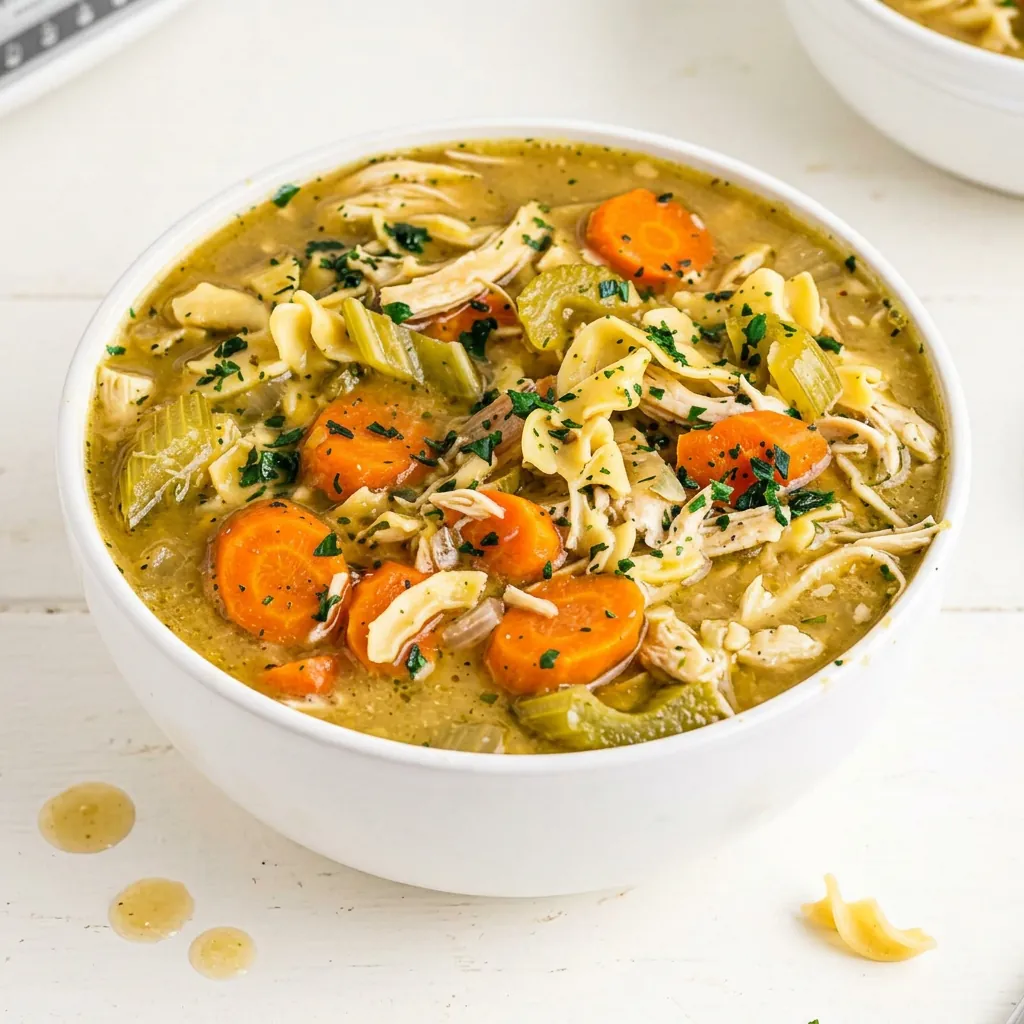 Crockpot chicken noodle soup with carrots and noodles in a white bowl