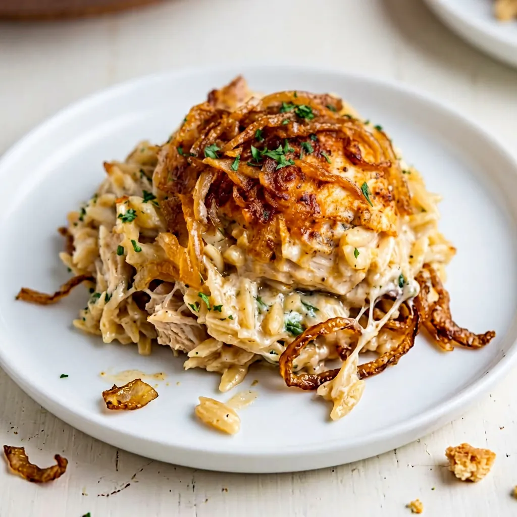 FRENCH ONION CHICKEN ORZO CASSEROLE on a plate
