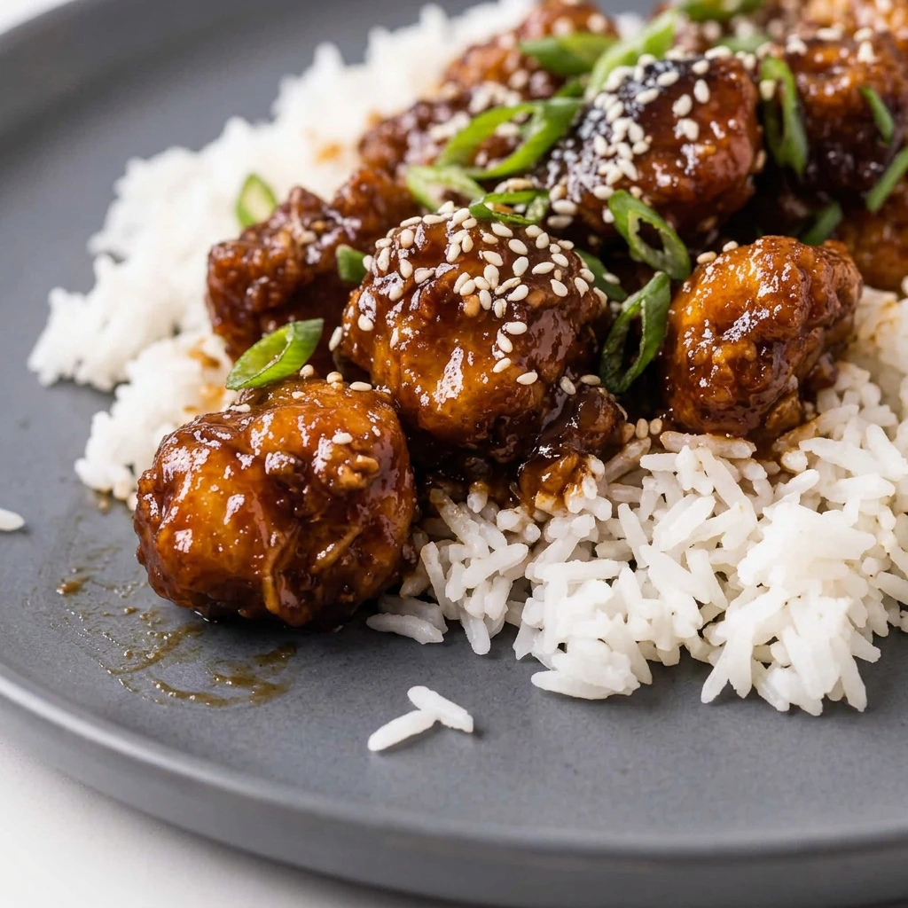 Close-up of saucy General Tso's chicken and steamed rice on a grey plate.
