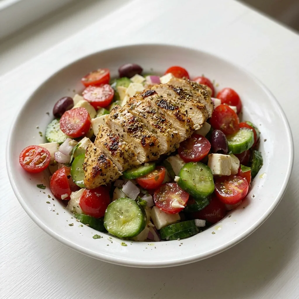 Greek chicken cucumber salad with cherry tomatoes, feta, olives and grilled chicken in a white bowl