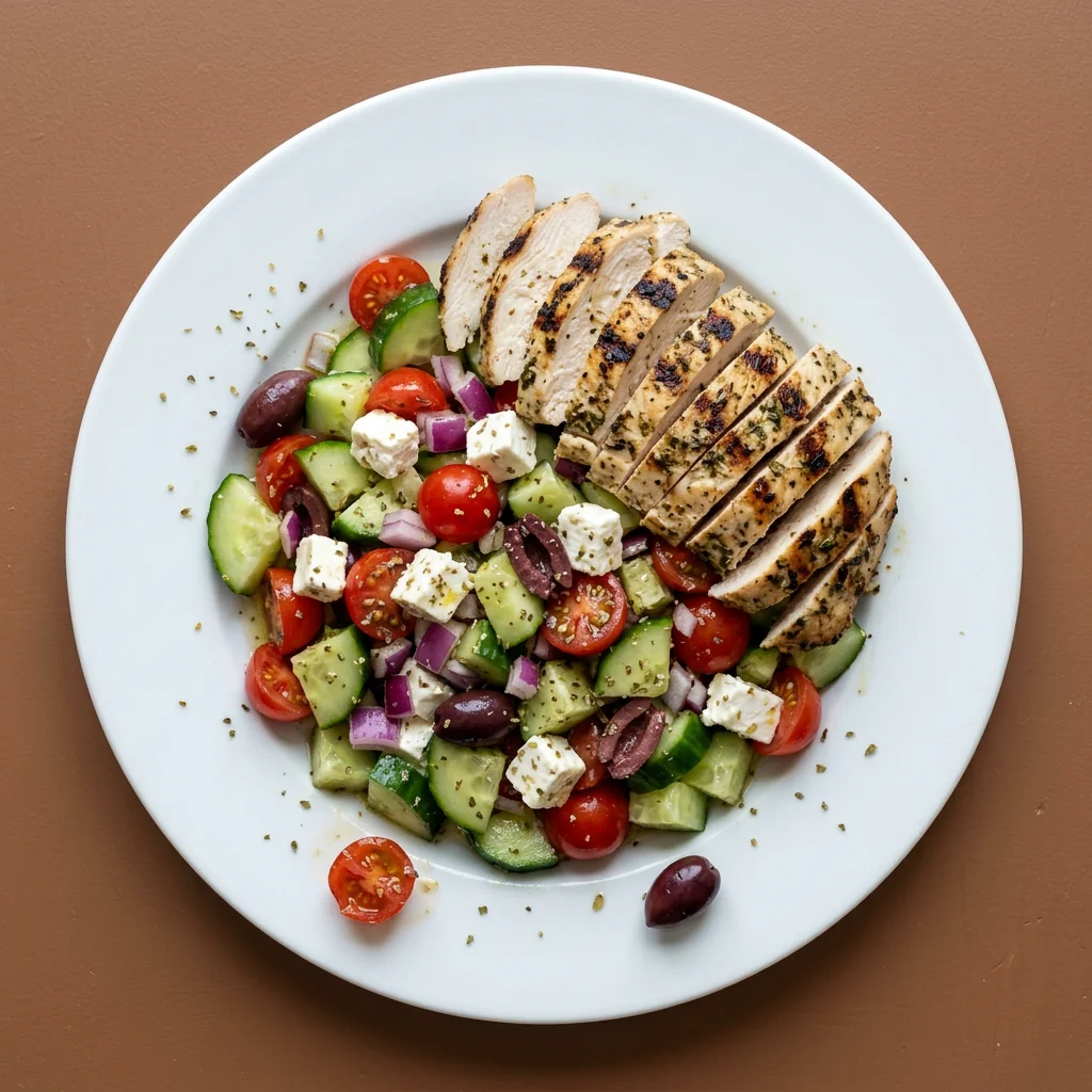 Overhead view of Greek cucumber tomato salad with sliced grilled chicken and feta on a white plate