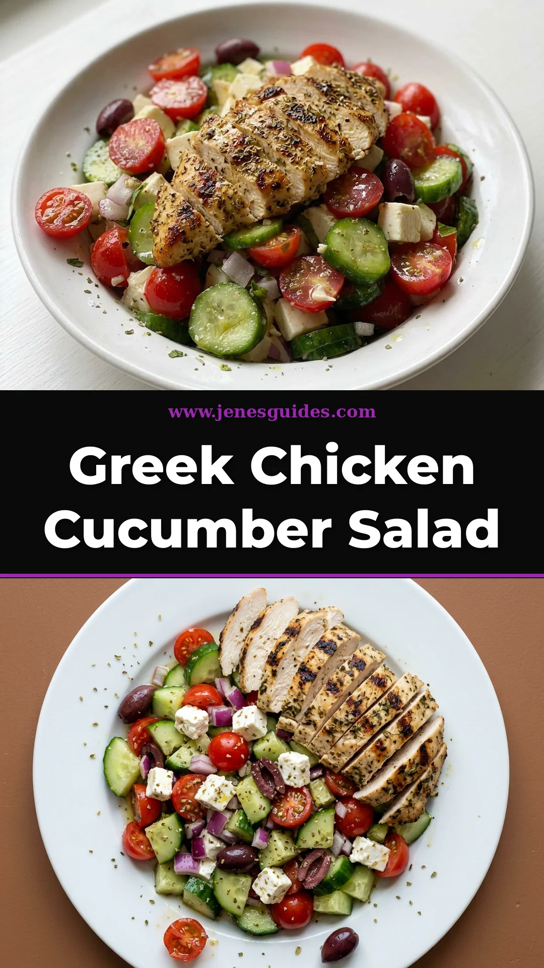 Greek Chicken Cucumber Salad recipe Pinterest pin from jenesguides.com