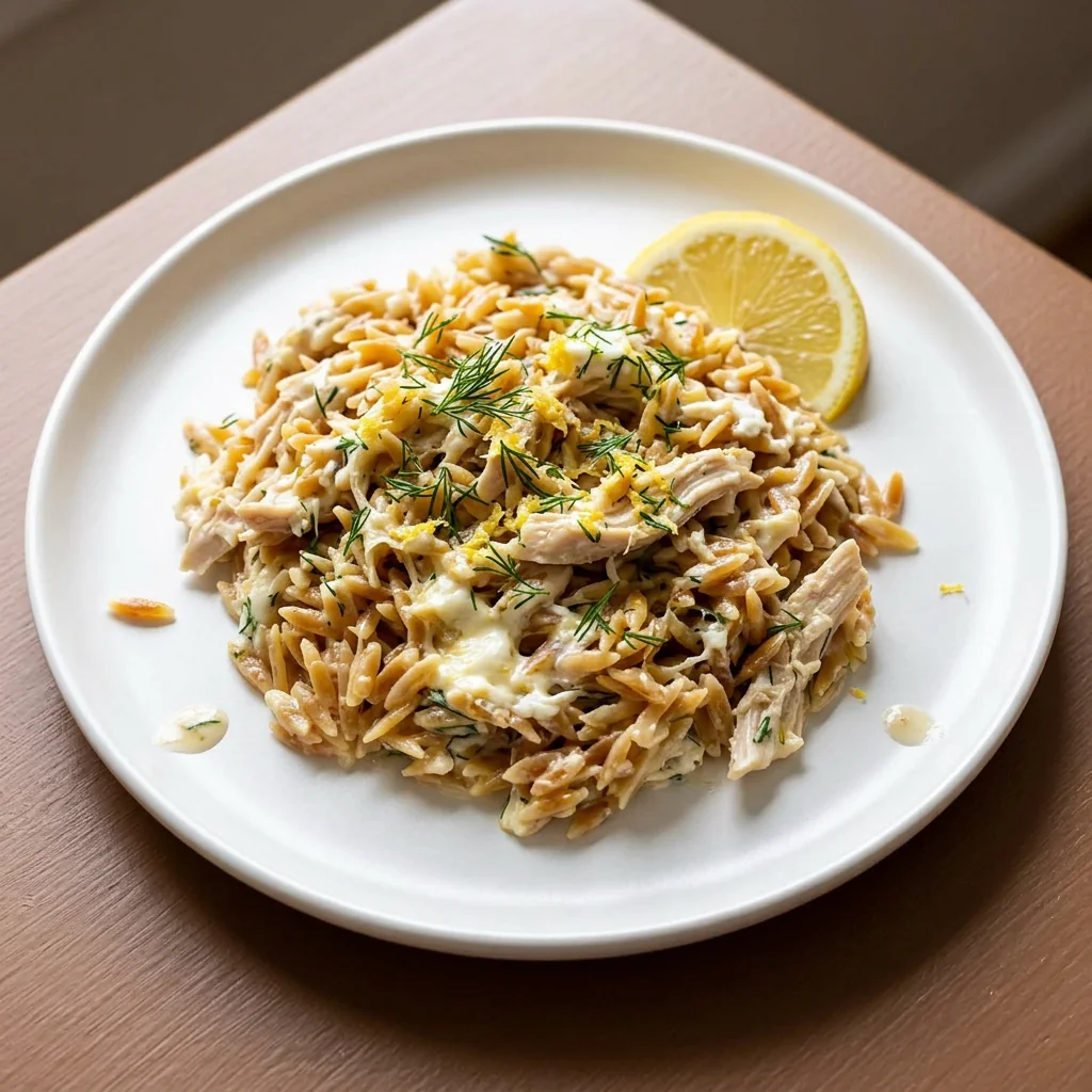Lemon herb chicken orzo in creamy sauce with dill and lemon on a white plate