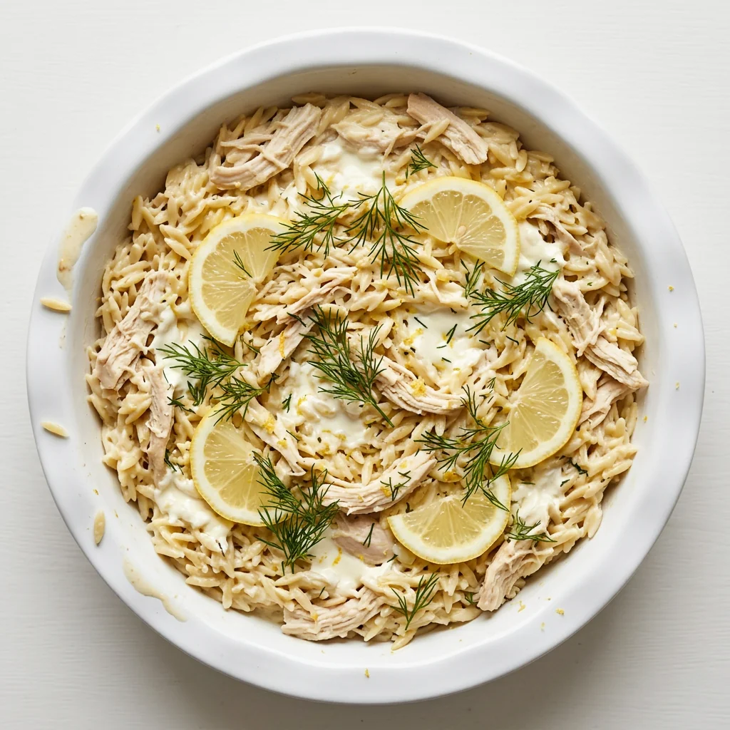 Overhead view of creamy lemon herb chicken orzo with lemon slices and dill