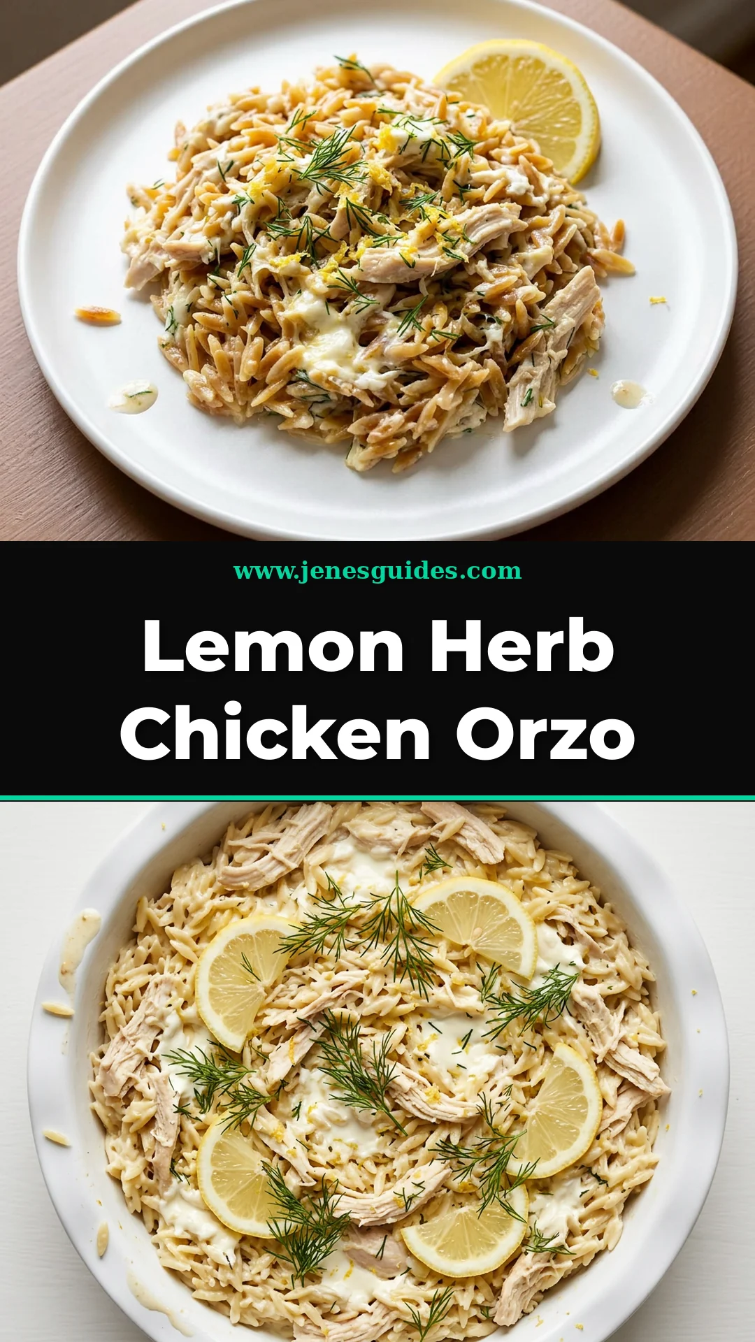 Lemon Herb Chicken Orzo recipe Pinterest pin from jenesguides.com