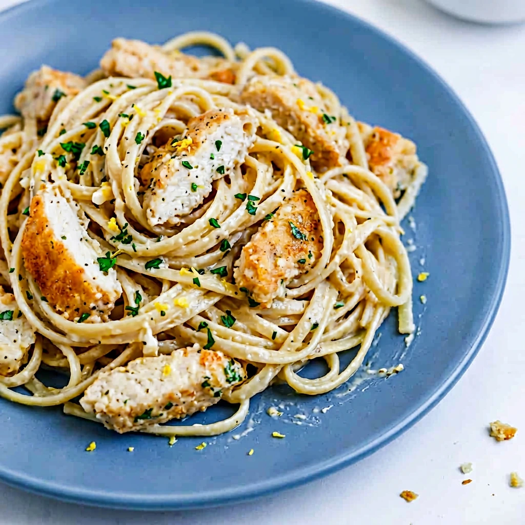 Close-up of lemon chicken linguine in a creamy Parmesan sauce on a blue plate.