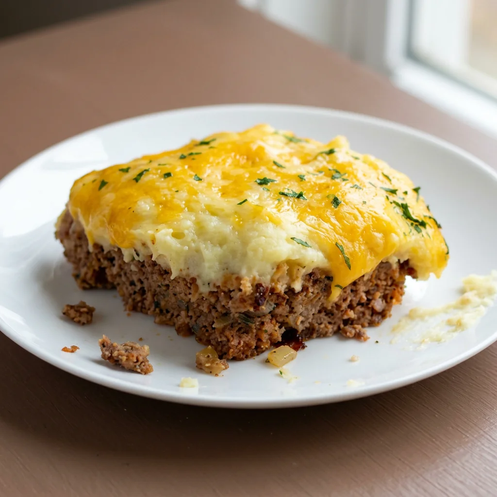 Slice of meatloaf mashed potatoes casserole with melted cheddar on a white plate