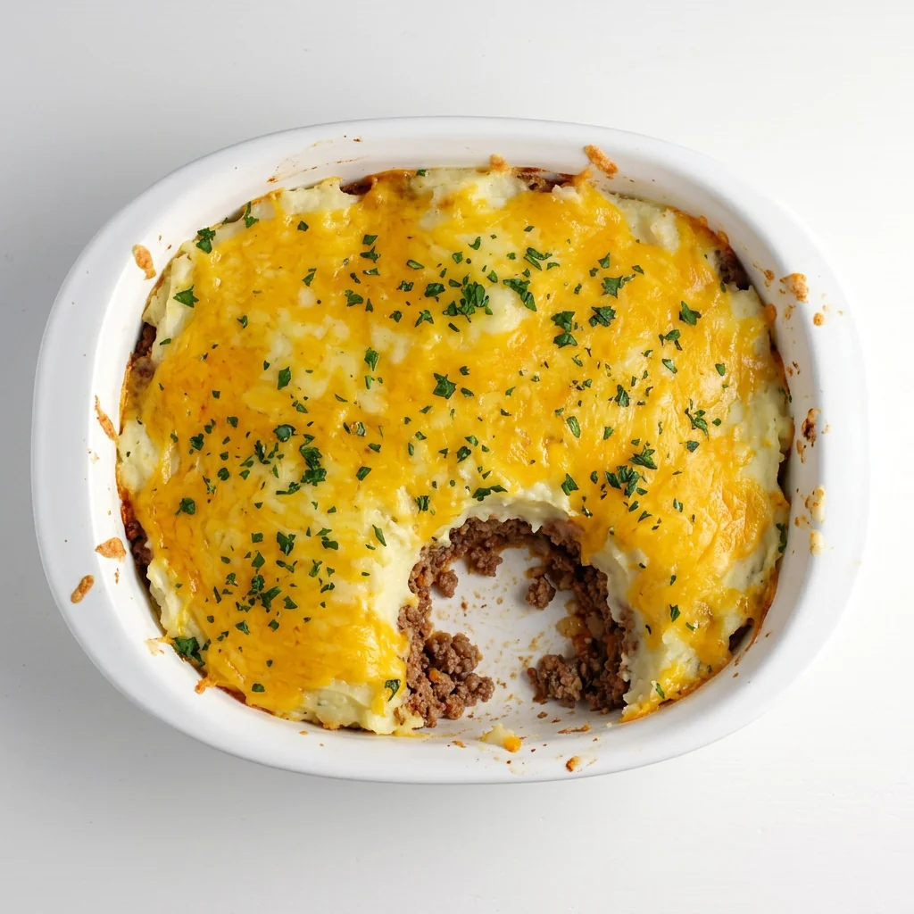 Meatloaf mashed potatoes casserole in a white baking dish with a portion served out