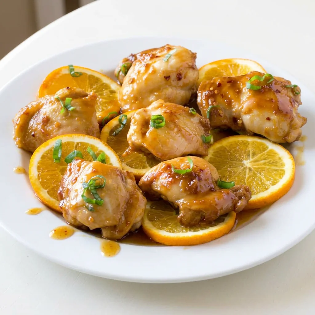 Orange ginger glazed chicken thighs with green onions and orange slices on a white plate
