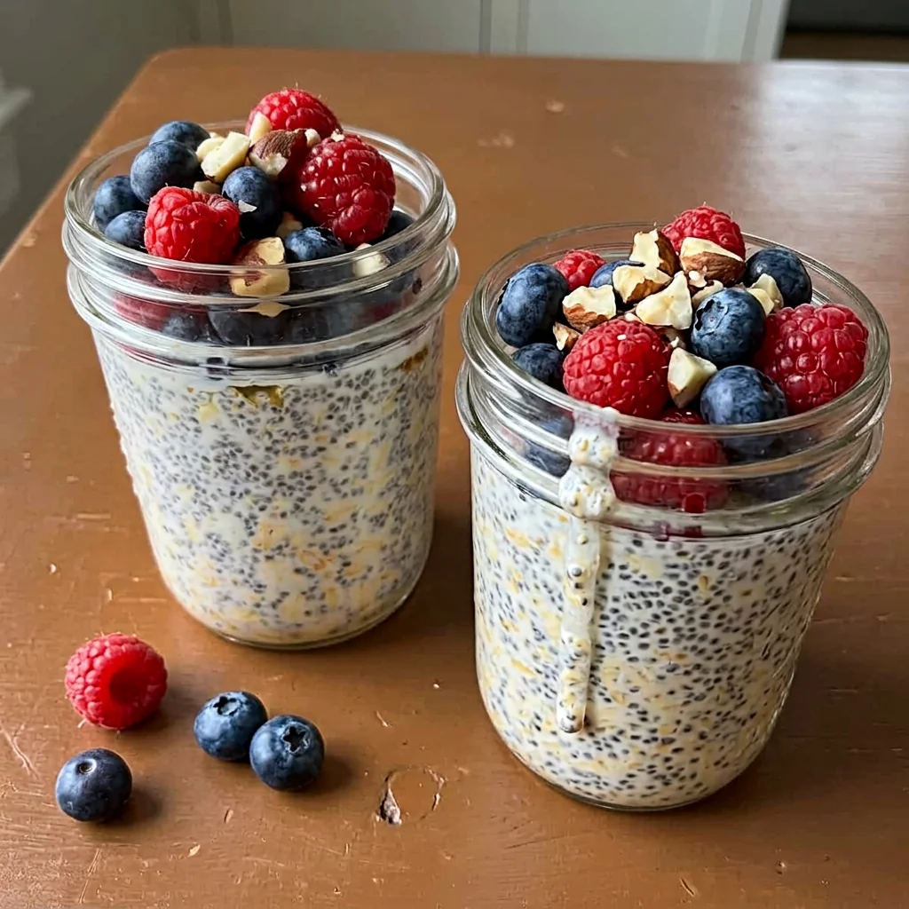 Chia overnight oats in mason jars topped with raspberries, blueberries and nuts