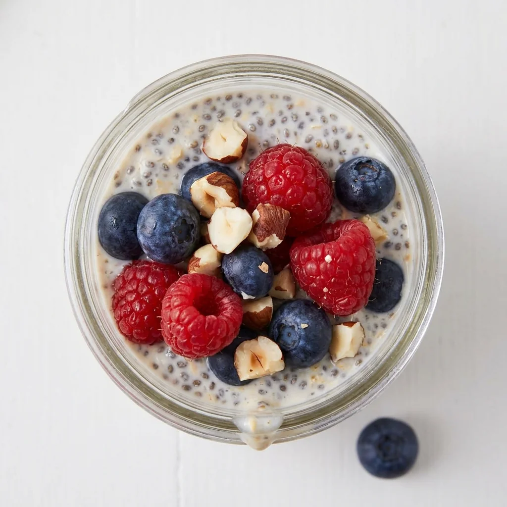 Overhead view of a mason jar of chia overnight oats topped with berries and nuts